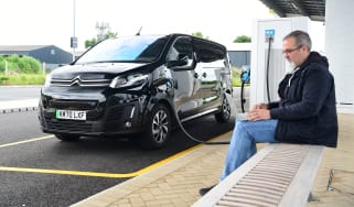 Citroen e-Dispatch long term test - Dean Gibson working on laptop while e-Dispatch charges
